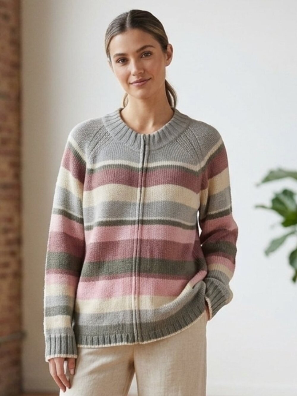 Striped Cardigan Size 1X sweater stripes Pink Front Zipper quiet luxury vintage